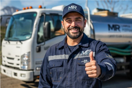 Técnico M&R saludando frente al camión de servicio
